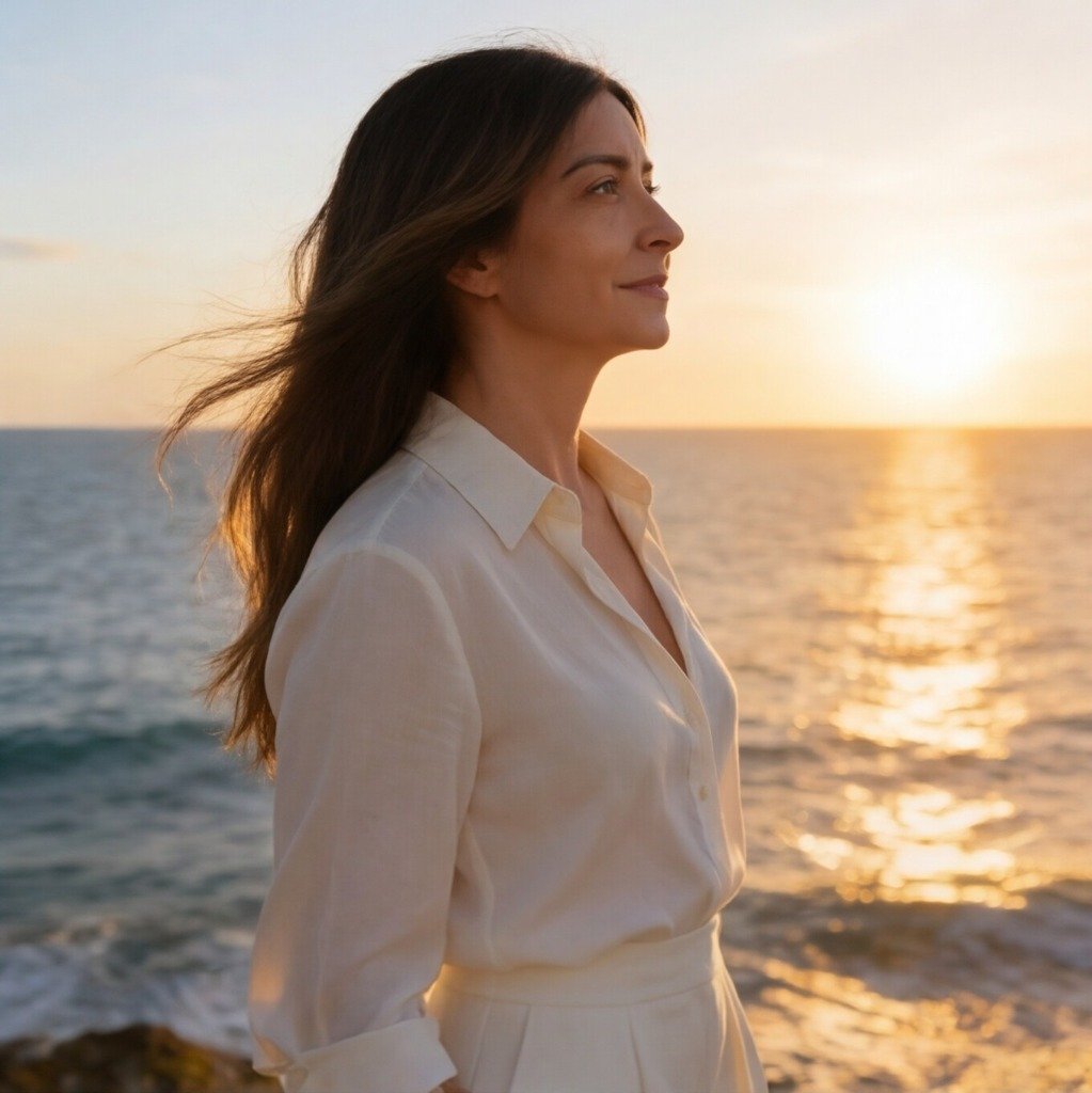Mulher observando o pôr do sol no mar